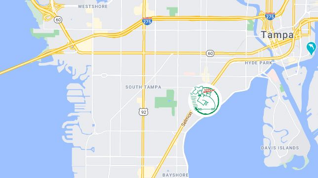 Map showing location of Sally O'Neal's Pizza Hotline, and the South tampa area.